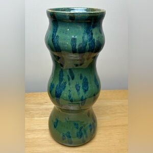 Bulbous Vase Studio Pottery Art Glazed Green Blue Art Deco Decor Unique Modern